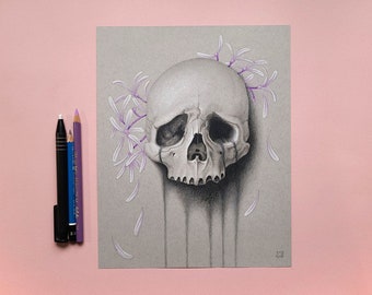 8x10 Original skull art on paper | colored pencils drawing | Valley of Tears by Grelin Machin