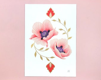 Original art on paper | 8.5x12 colored pencils drawing | Pink Poppies Flowers by Grelin Machin