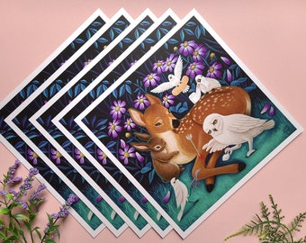 8x8 Small art print | fawn and birds | Betrayed by Grelin Machin