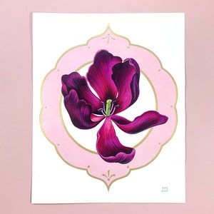 Oeuvre originale sur papier | Dessin aux crayons de couleur 8x10 | Tulipe rose par Grelin Machin