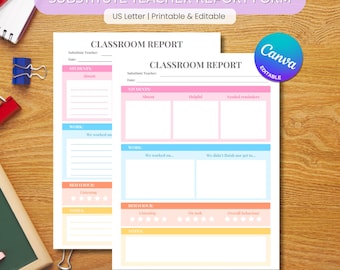 Customizable Substitute Teacher Report Template | Instant Download Classroom Feedback Form | Canva