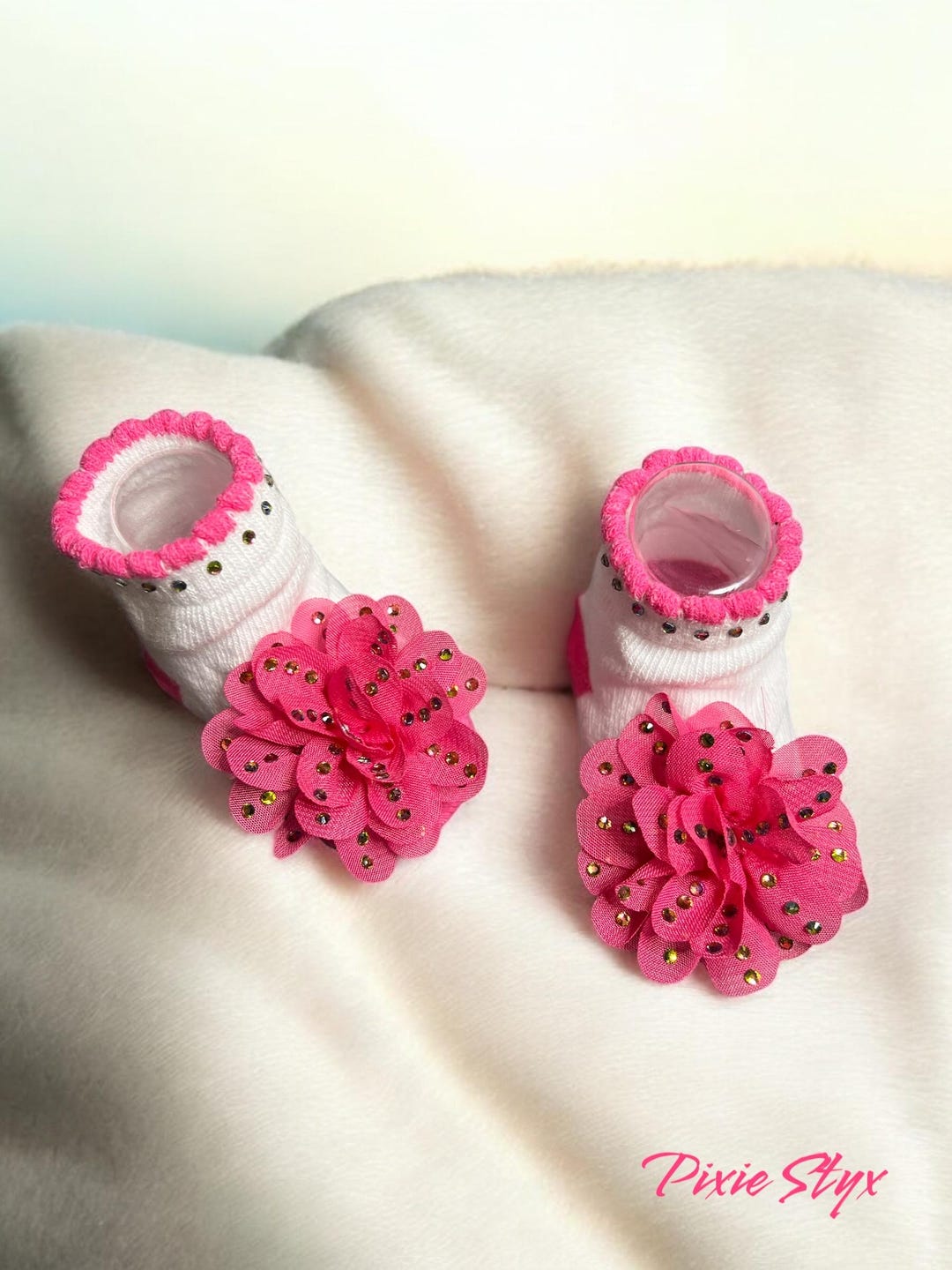 Hot Pink & White Rhinestone Baby Booties With Hair Bows | 0-6 Months - Etsy