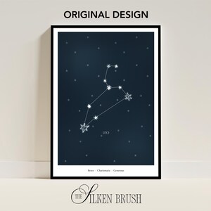 Póster de la constelación de Leo, linda ilustración digital del zodíaco, rasgos positivos, decoración astrológica, regalo para Leo, arte de pared con estrellas celestiales