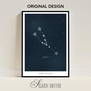 STIER Konstellation Poster, Sternzeichen Digitale Illustration, Positive Eigenschaften, Astrologie Dekor, niedliches Geschenk für Stier, Himmlische Sterne Wandkunst