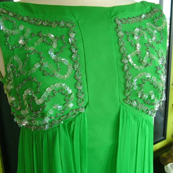 1960s Kelly green chiffon beaded evening gown prom weddings red carpet