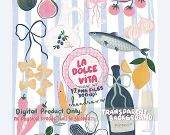 La Dolce Vita Italian Food Clipart, Mediterranean Summer Hand-Drawn Graphics (Digital Download)
