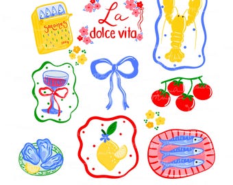 Clipart de verano mediterráneo, ilustraciones gastronómicas de La Dolce Vita (descarga PNG)