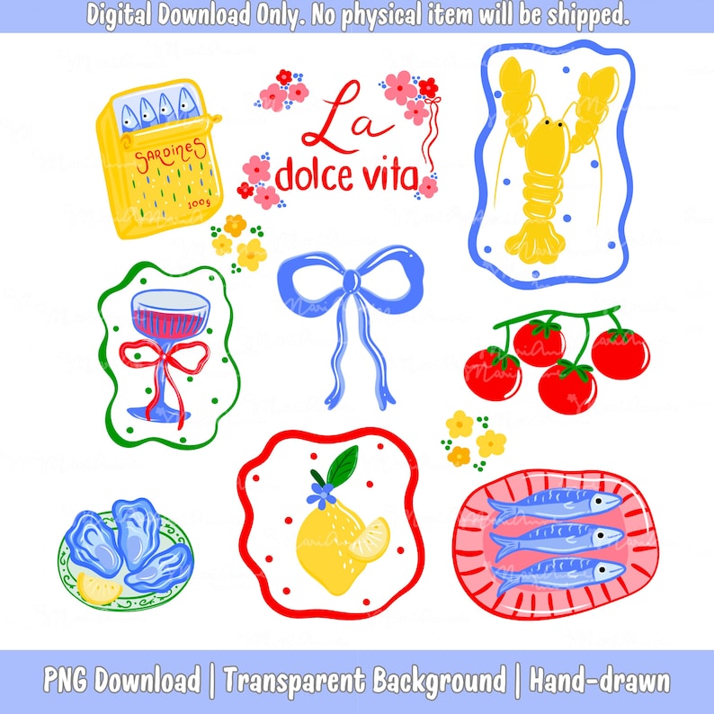 May include: A digital download featuring hand-drawn illustrations of Italian food and drink. Includes a yellow sardine can, a glass of red wine, a blue bow, a yellow lobster, red tomatoes, blue oysters, a lemon, and sardines. Text includes "La dolce vita".