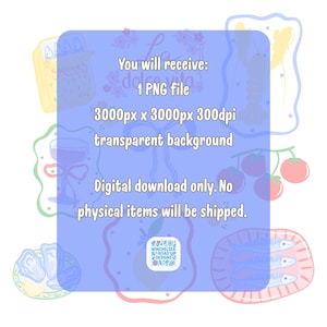 May include: Digital download graphic featuring Italian food illustrations, including sardines, tomatoes, and a lobster. Text reads "You will receive: 1 PNG file, 3000px x 3000px 300dpi transparent background. Digital download only."