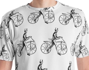 Vintage Style T Shirt Antique Bicycle Man All Over Steampunk Graphic Mens Shirt Black on White