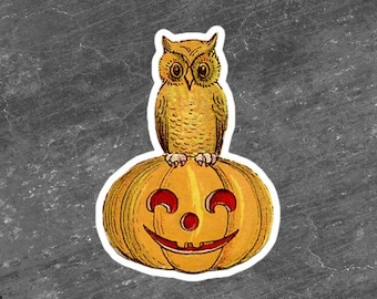 Halloween Sticker Vintage Owl and Pumpkin Illustration Vinyl Diecut Sticker.