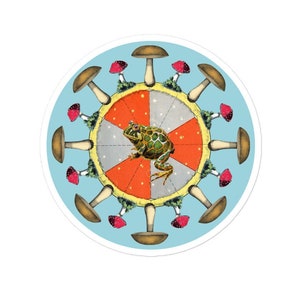 Autocollant de style vintage, champignon et grenouille, illustration de cercle, autocollant de fournitures de journal pour ordinateur portable.