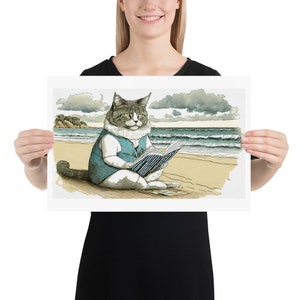 Buch-Katzen-Kunstdruck-Kitty, die am Strand lesen Zeichnung Digitaldruck