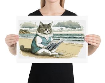 Buch-Katzen-Kunstdruck-Kitty, die am Strand lesen Zeichnung Digitaldruck