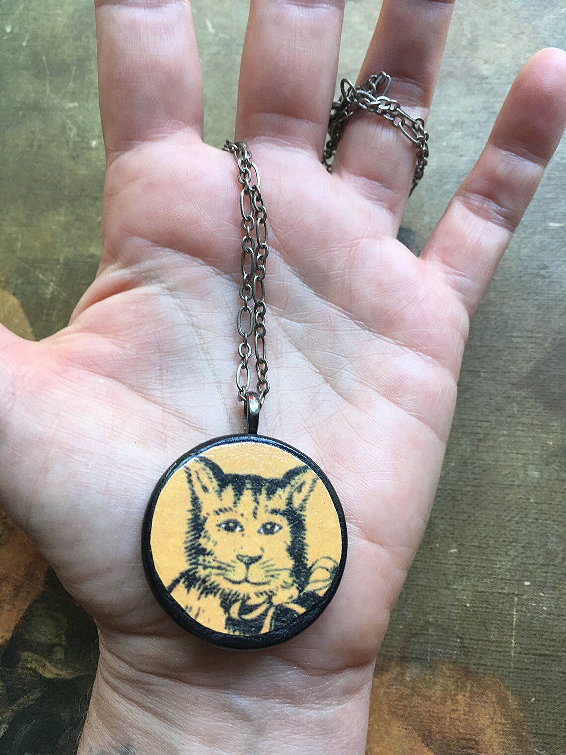 Handmade Orange Cat Necklace Vintage Illustration Round Wood Pendant