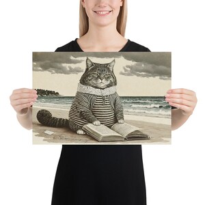 Buch Katze Art Print Big Kitty Lesen am Strand Zeichnung Digitaldruck