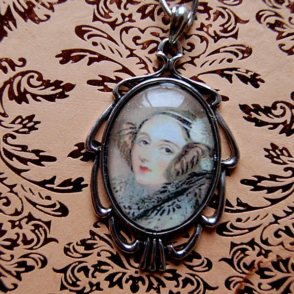 Enchantress of Numbers Handmade Necklace with Vintage Illustration of Ada Lovelace in Ornate Silver Cameo on Long Chain