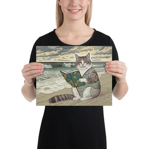 Buchkatzen-Kunstdruck, Kitty in Streifen, lesend am Strand, Zeichnung, Digitaldruck