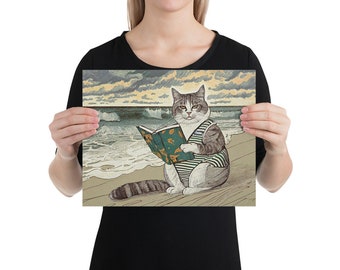 Buchkatzen-Kunstdruck, Kitty in Streifen, lesend am Strand, Zeichnung, Digitaldruck