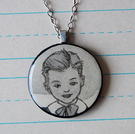 Pretty Boy Handmade Necklace with Round Wood Pendant of Vintage Illustration of Victorian School Child.