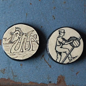 Man and Monster Handmade Pair of Small Round Wood Fridge Magnets Kitchen Decor with Vintage Illustrations.