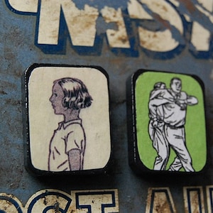 Pair of Handmade Wood Fridge Magnets with Vintage Illustrations Home Decor