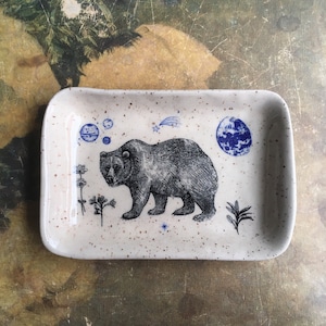 Handmade Ceramic Tray with Celestial Bear Animal Blue Moon Planets Herb Rolling Tray Trinket Dish