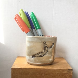 Handmade Ceramic Pencil Holder with Diver and Acrobat Rustic and Primitive Art Piece