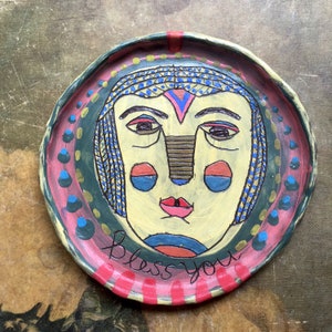 Handmade Ceramic Plate Art with Bless You Message Unique Ornate Design for Home Decor Display or Wall Art