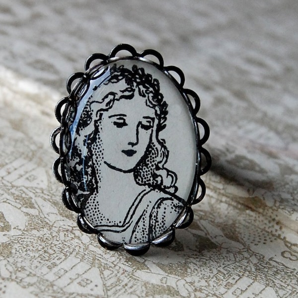 Lovely Lady Cameo Ring of Antique Brushed Silver with VIntage Illustration of Beautiful Fairy Princess.