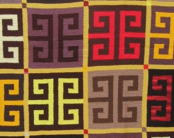 Tunisian Crocheted "Transporter" afghan in red, brown, and yellow
