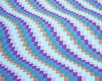 Tunisian Crocheted Bargello QUILT-LQQK Afghan in blue, purple, turquoise, and brown