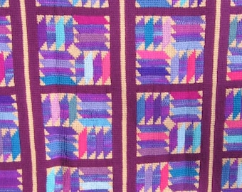 Tunisian Crocheted Grape Fizz Spanish Steps QUILT-LQQK Afghan in purple, blue, pink, and tan