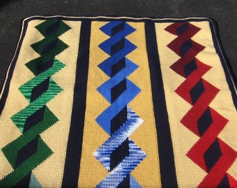 Tunisian Crocheted Twist ‘n Shout QUILT-LQQK afghan in gold, reds, blues, and greens