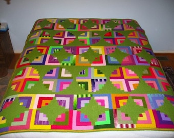 Tunisian Crocheted Echoes Log Cabin QUILT-LQQK afghan in greens, pinks, purples, and golds