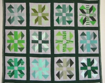 Tunisian Crocheted Green and Grey Jack in the Box QUILT-LQQK Afghan