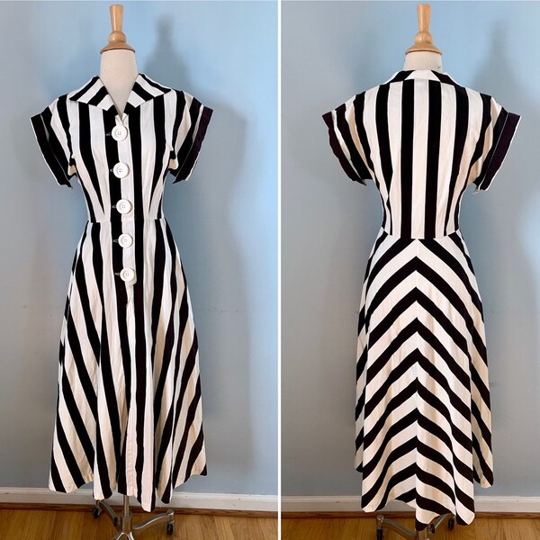 Vintage 80s does 40s Black and White Striped cotton dress / Norma Kamali