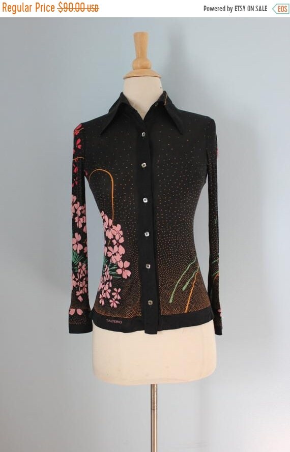 SALE 70s Black Floral Silk Blouse/70s Bias Cut Bla