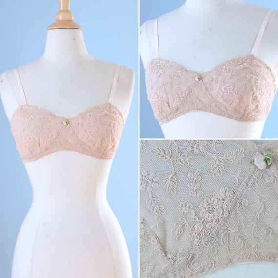 1920s Mesh Lace bra / 20s Pale Pink Embroidered La