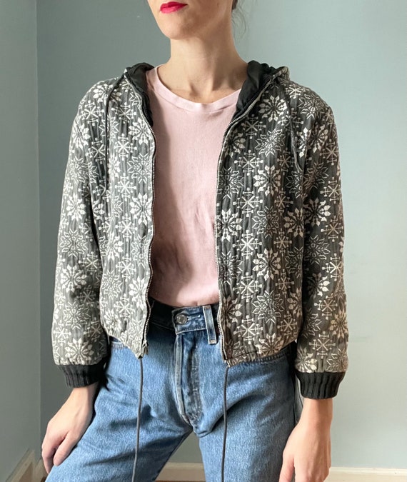 1950s Woven Cotton Snowflake Cropped Jacket / 50s Cotton Hooded Jacket