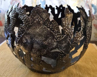 Vintage Haitian Metal Art Bowl, Josnel Bruno Signed, Fish Decor