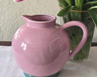 Vintage Lindt Stymeist Ceramic Pitcher, Japan, Pink Teal Vase