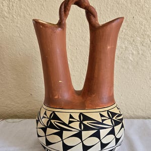 Vintage 13" Large Acoma Pueblo Wedding Vase Hand-Coiled Fine Line Polychrome Pottery Native American Ceremonial Vessel Unsigned