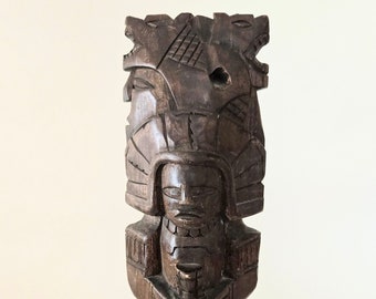 Mexican Hand Carved Totem Aztec Snake Wooden Folk Art Sculpture Ethnic Indigenous Art Tiki Bar Decor Retro Mayan Statue Vintage Boho Figure