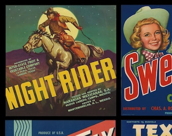 Cowboy Vintage TEXAS Fruit Box Label Original Art Lithograph Wall Decor 1930s RIO GRANDE Sweet Tex Moon Night Rider Horses Cowgirl Western