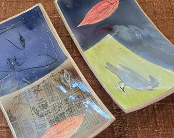 Signed Art Pottery Sushi Plates: Crow, Leaves, Portrait