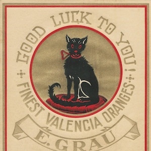 Vintage Black Cat Wall Art Lithograph Good Luck 1920 Spanish Fruit Box Label Valencia Oranges Spain Original Gold Gilt Halloween Wall Decor