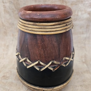 Vintage Pottery Vase Handcrafted Chorotega Style Tribal Terra Cotta Vessel Woven Bamboo Lashing Costa Rica Folk Art Boho Southwest Decor