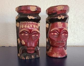 Vintage Hand Carved Jamaican Wood Statues, Caribbean Folk Art Sculpture