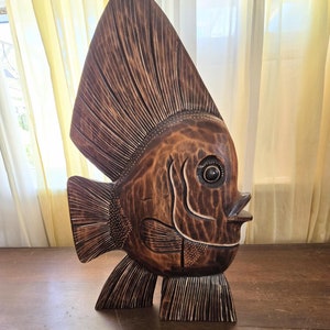 Angel Fish Sculpture Large Hand Carved Wood Figure Hand Painted Coastal Beach Tiki Bar Patio Decor Island Folk Art Statue Maritime Living